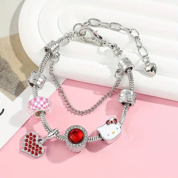 Charm Bracelet Hello Kitty Rhinestone Blue Red Double Emo Stylish Trendy Glam - Picture 5 of 6
